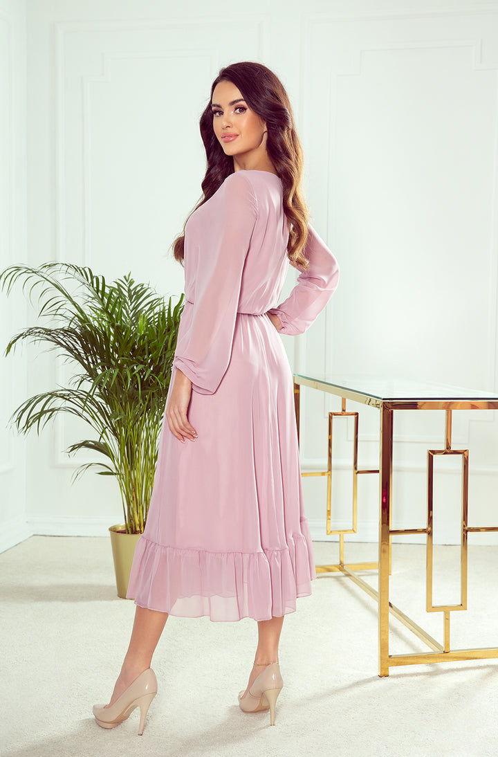 Chiffon midi dress with a neckline and frill - dirty pink