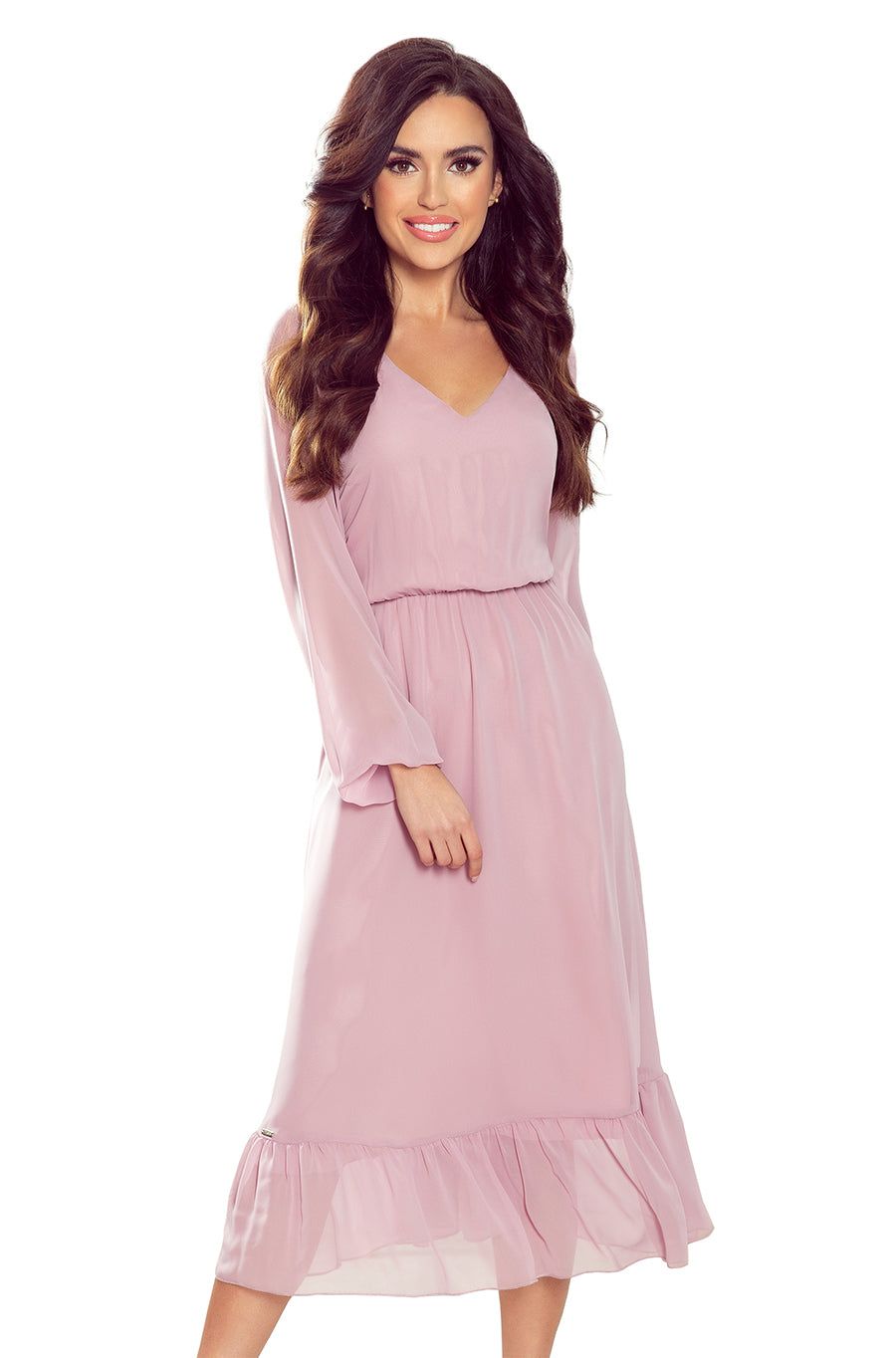 Chiffon midi dress with a neckline and frill - dirty pink