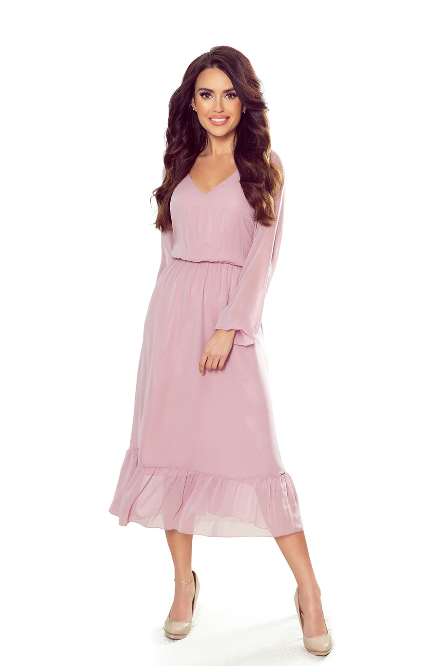 Chiffon midi dress with a neckline and frill - dirty pink