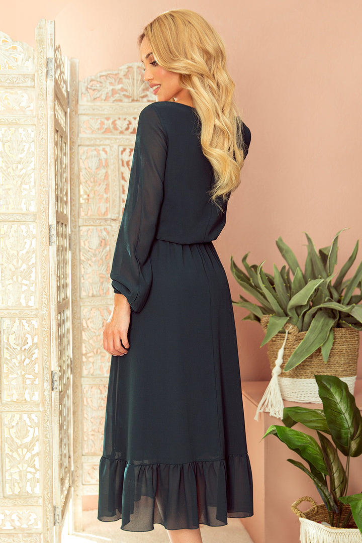 Chiffon midi dress with a neckline and frill - grün