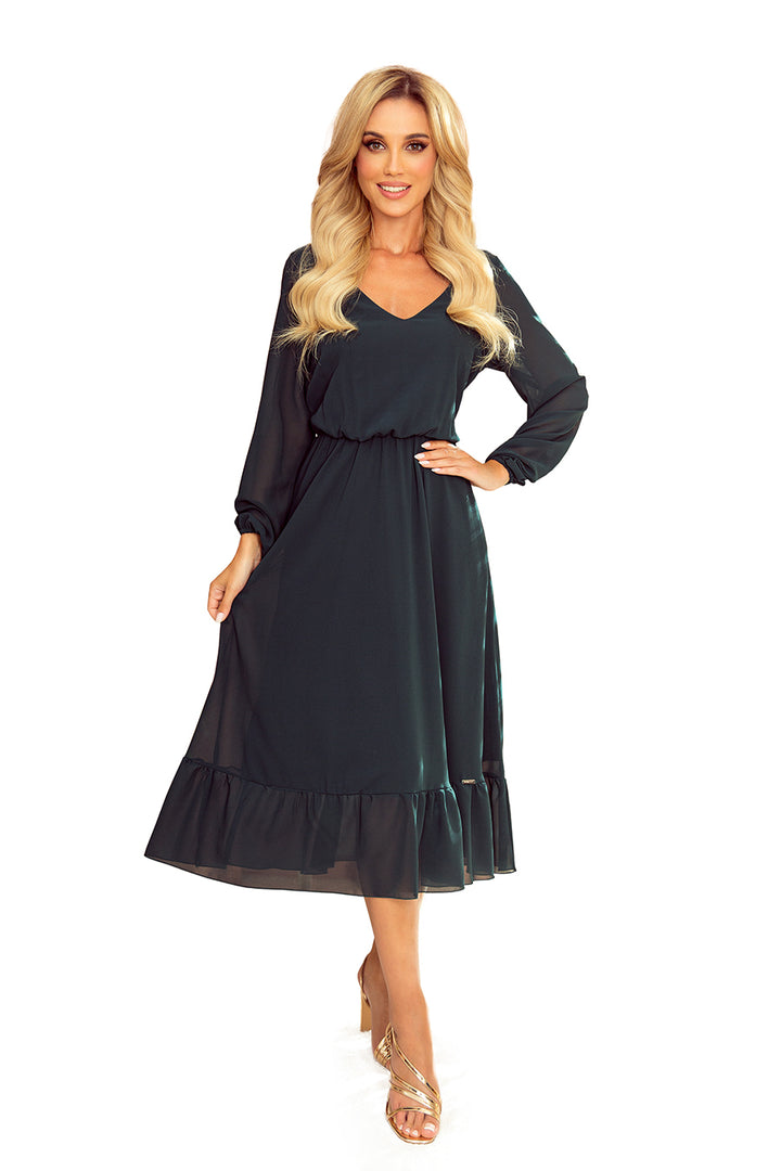 Chiffon midi dress with a neckline and frill - grün