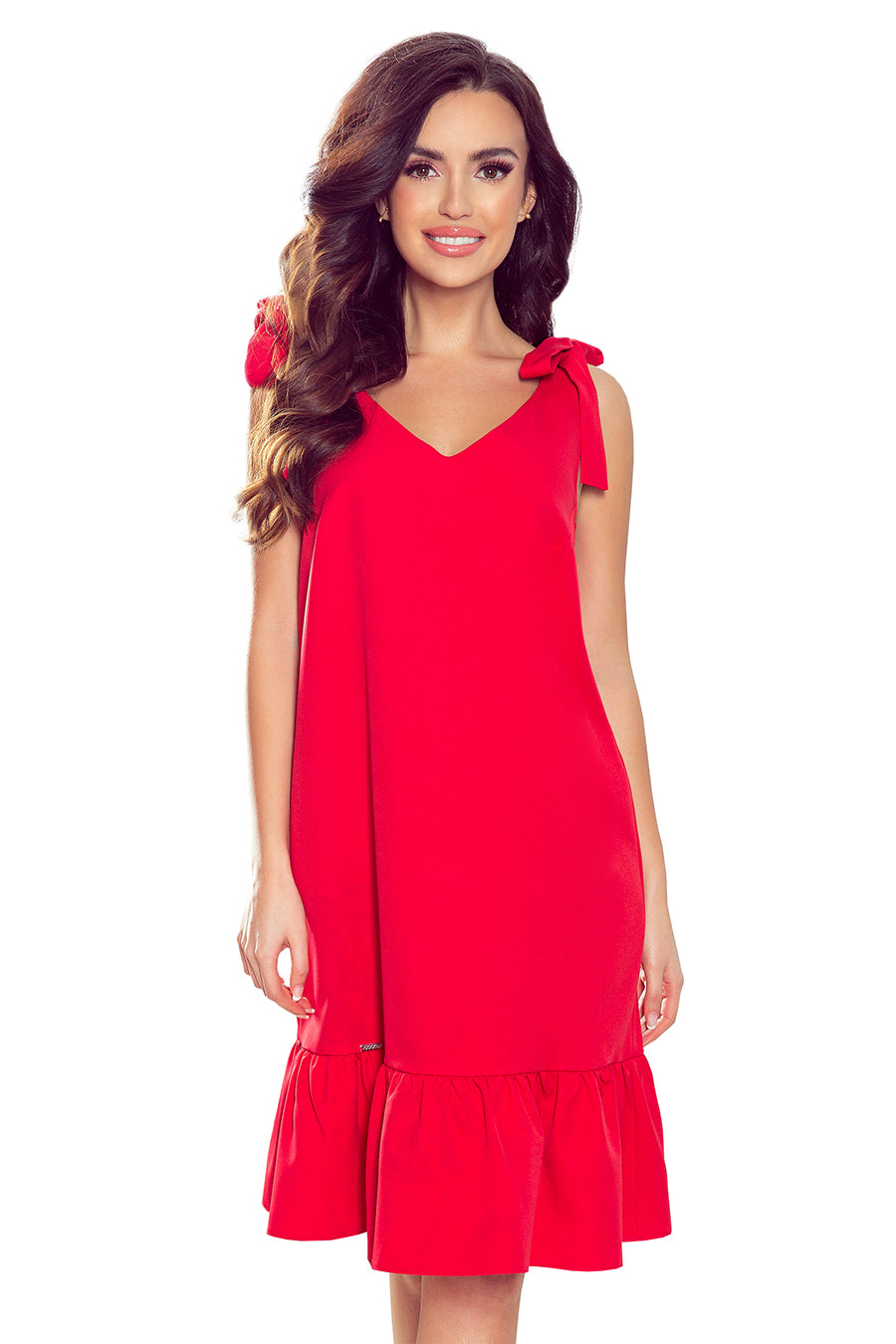 Dress with bows on the shoulders and frill - red