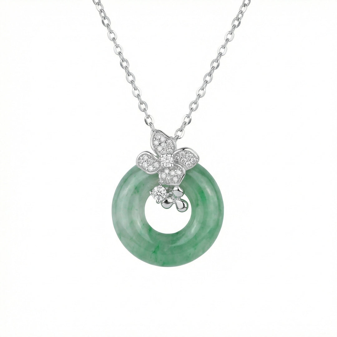 925 Sterling Silver Green Jade Donut (Bi Disc) Pendant Necklace with Floral Crystal Accent
