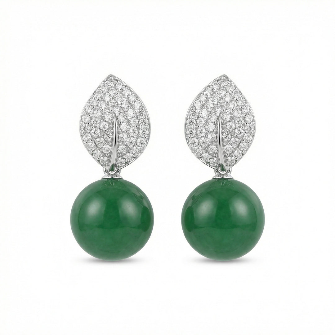 925 Sterling Silver Elegant Green Jade Bead Drop Earrings with Diamond-Set Leaf Accents