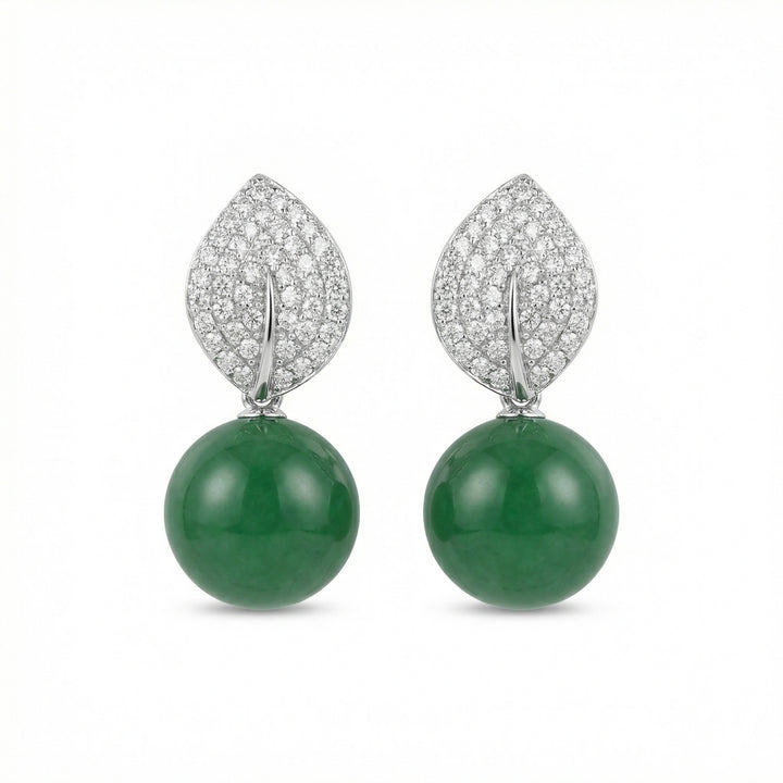 925 Sterling Silver Elegant Green Jade Bead Drop Earrings with Diamond-Set Leaf Accents