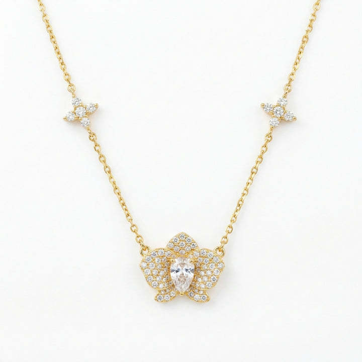 ✨ 925 Sterling Silver Pavé Diamond Orchid Necklace