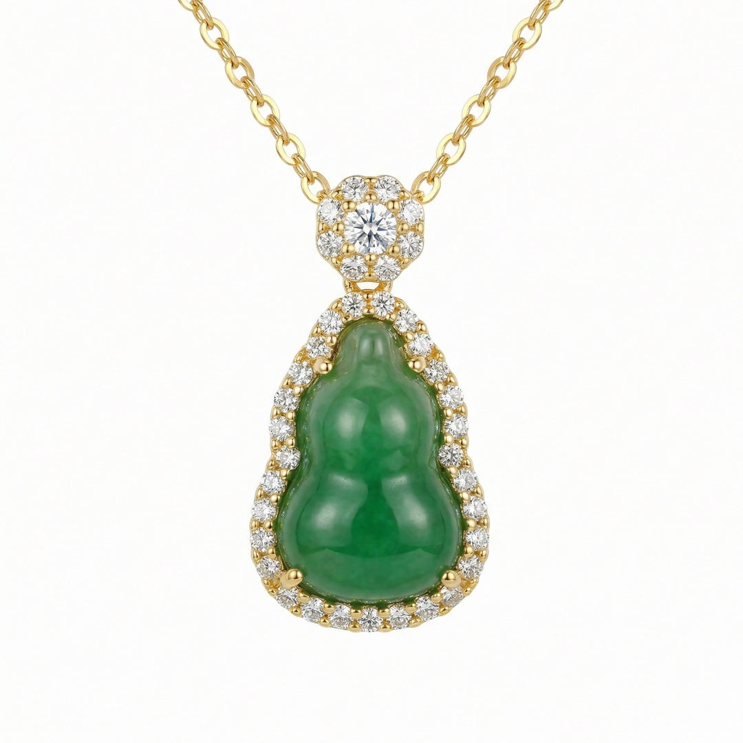 ✨ 925 Sterling Silver Elegant Green Jadeite Hulu Gourd Pendant Necklace with Diamond Halo ✨
