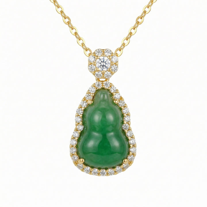 ✨ 925 Sterling Silver Elegant Green Jadeite Hulu Gourd Pendant Necklace with Diamond Halo ✨