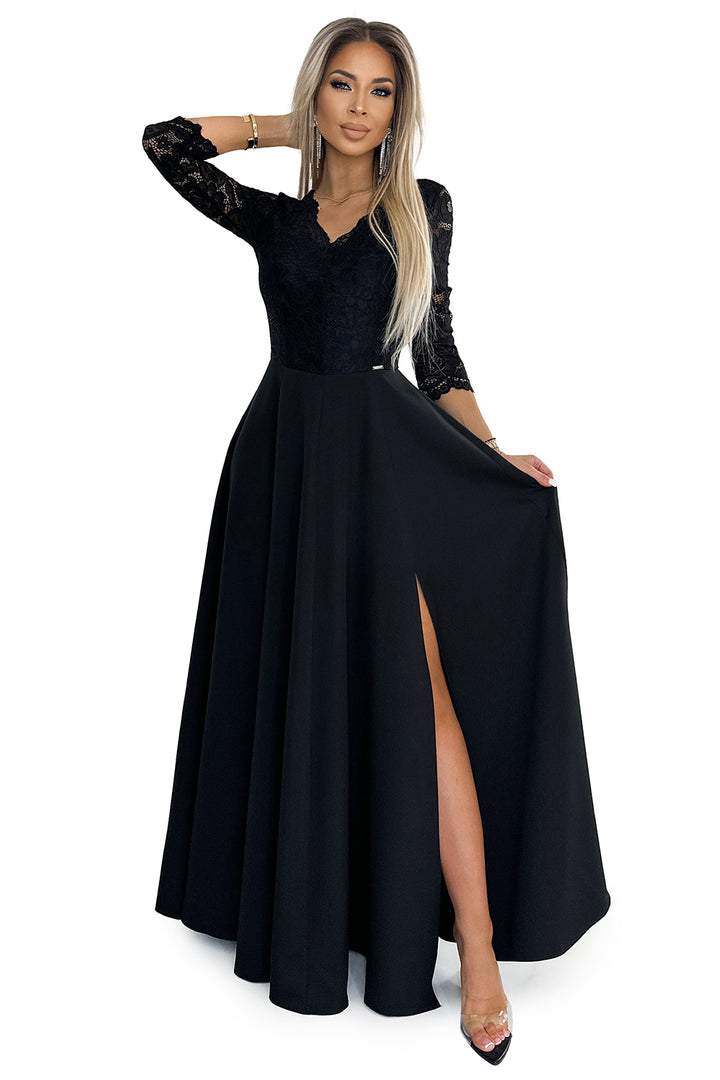 AMBER lace; elegant long dress with a neckline and leg slit - black