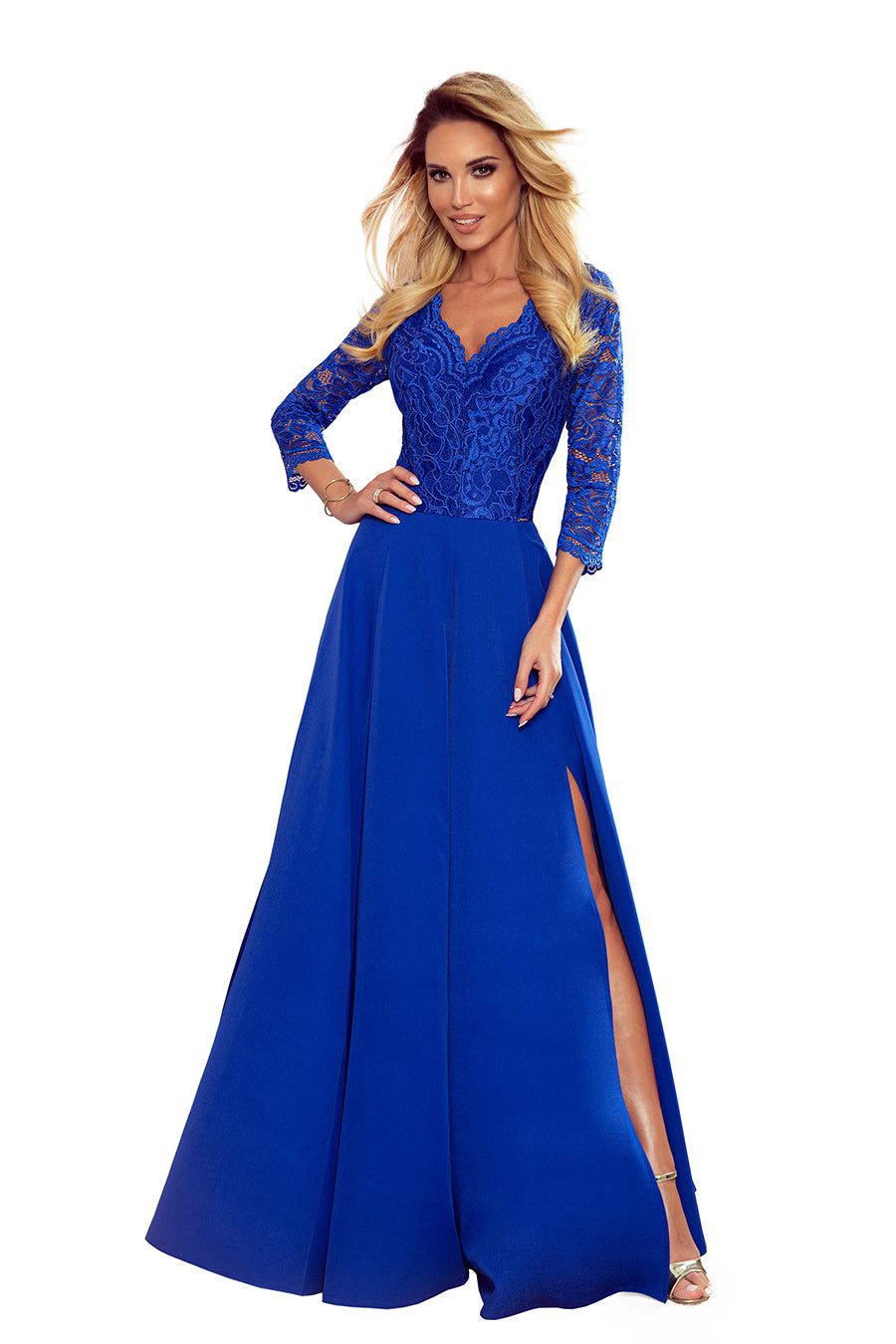 AMBER elegant lace long dress with a neckline - Royal blue