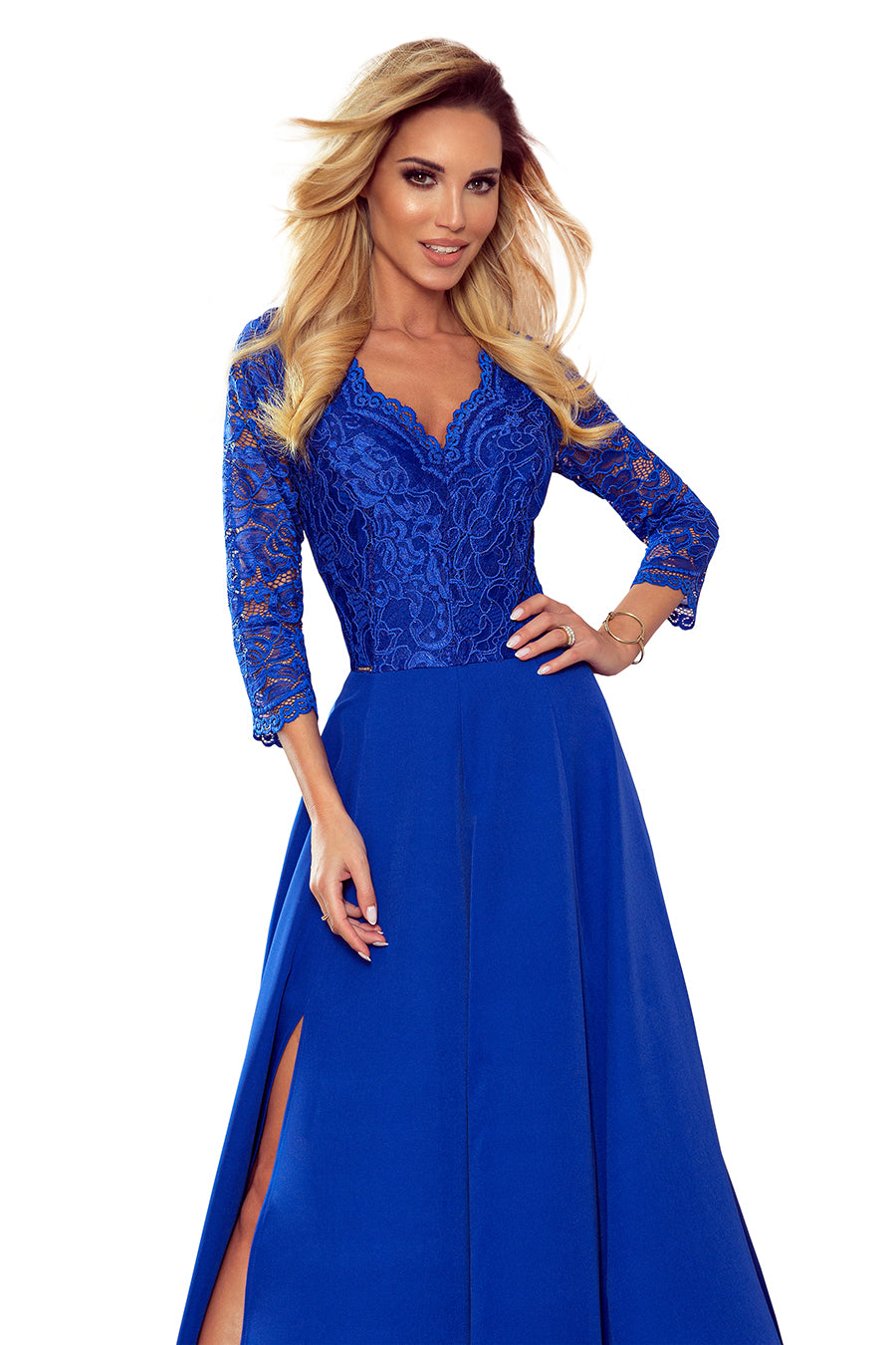 AMBER elegant lace long dress with a neckline - Royal blue