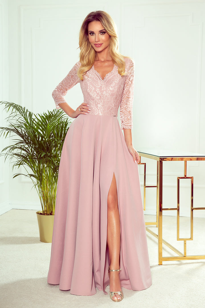 AMBER elegant lace long dress with a neckline - dirty pink