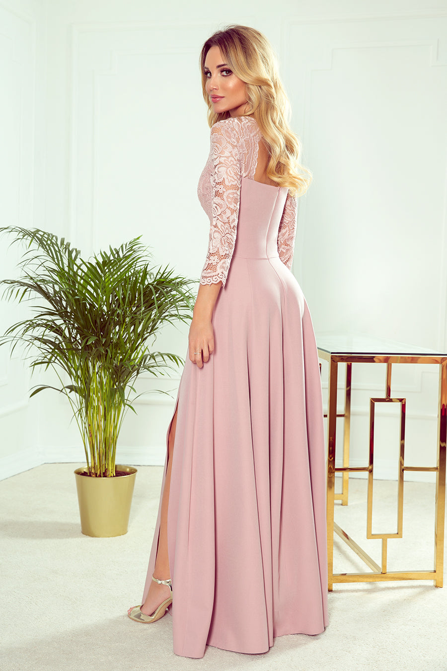 AMBER elegant lace long dress with a neckline - dirty pink