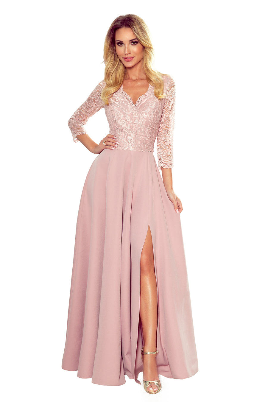 AMBER elegant lace long dress with a neckline - dirty pink