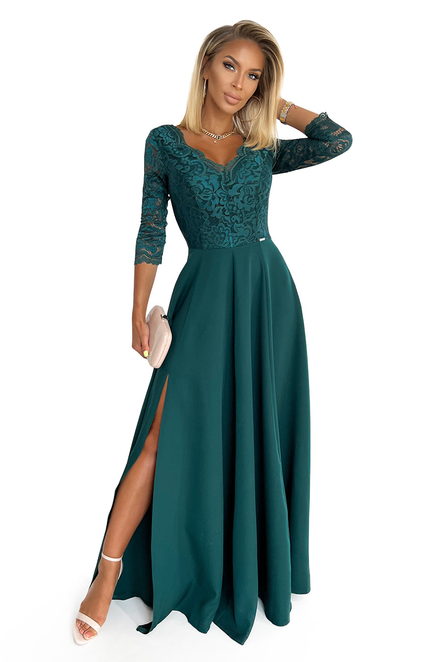 AMBER elegant lace long dress with a neckline - green