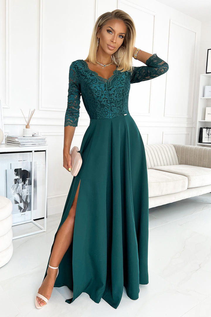 AMBER elegant lace long dress with a neckline - green