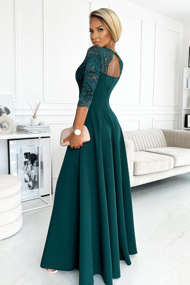 AMBER elegant lace long dress with a neckline - green