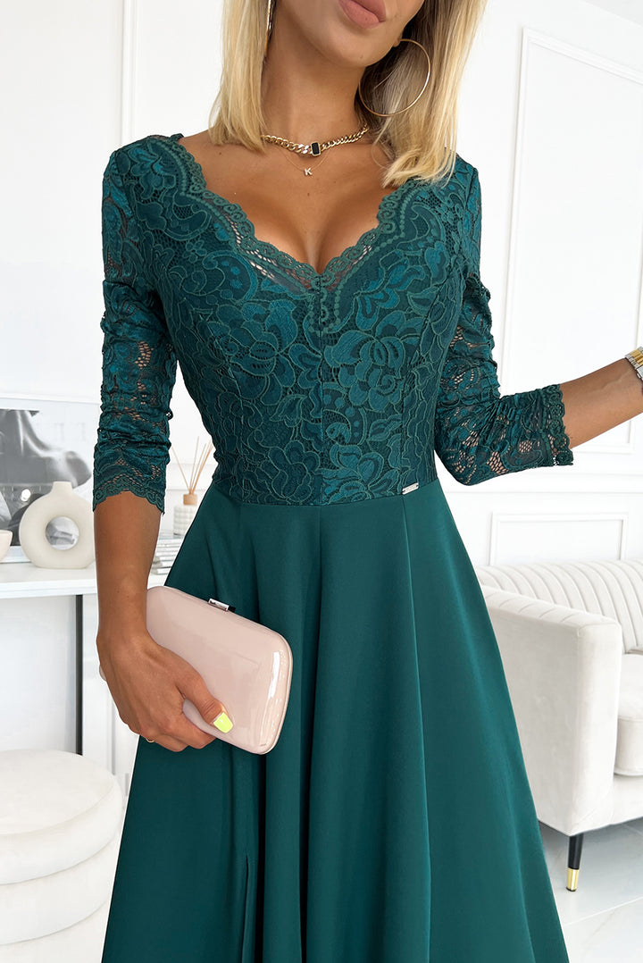 AMBER elegant lace long dress with a neckline - green