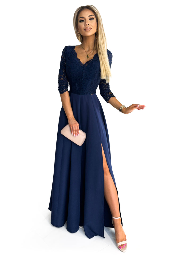 AMBER elegant lace long dress with a neckline - navy blue