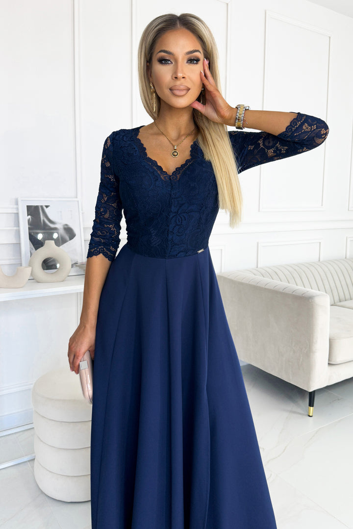 AMBER elegant lace long dress with a neckline - navy blue