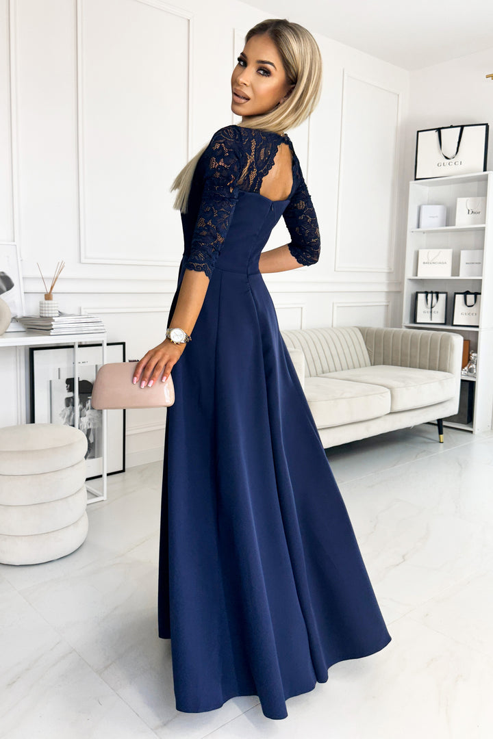 AMBER elegant lace long dress with a neckline - navy blue