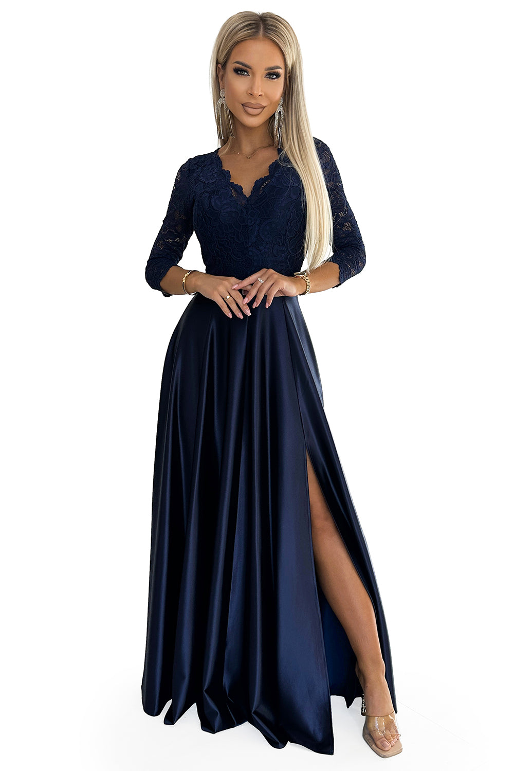 AMBER lace long satin dress with a neckline - dark blue