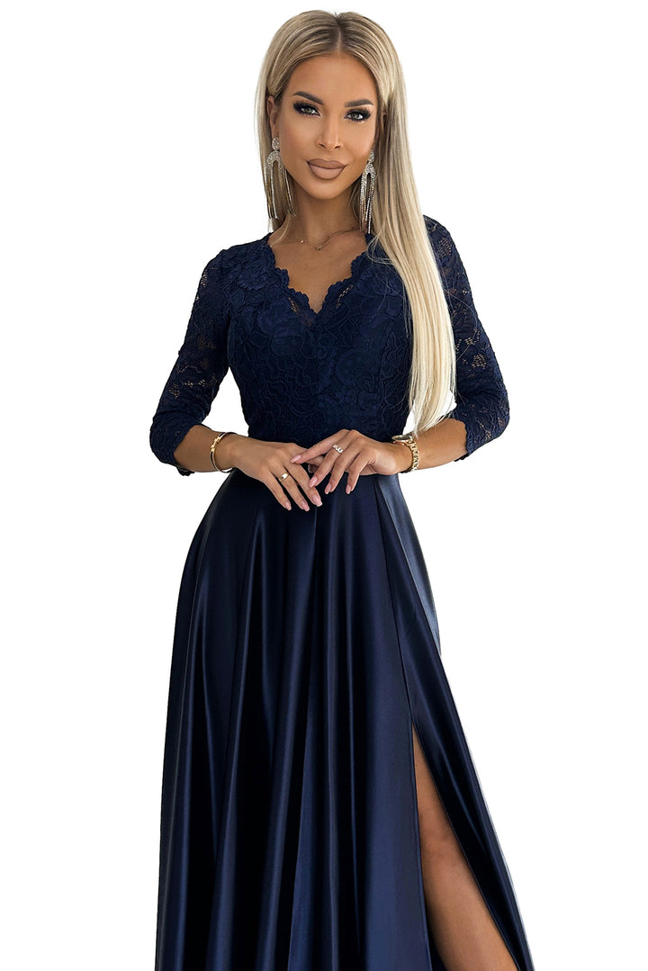 AMBER lace long satin dress with a neckline - dark blue