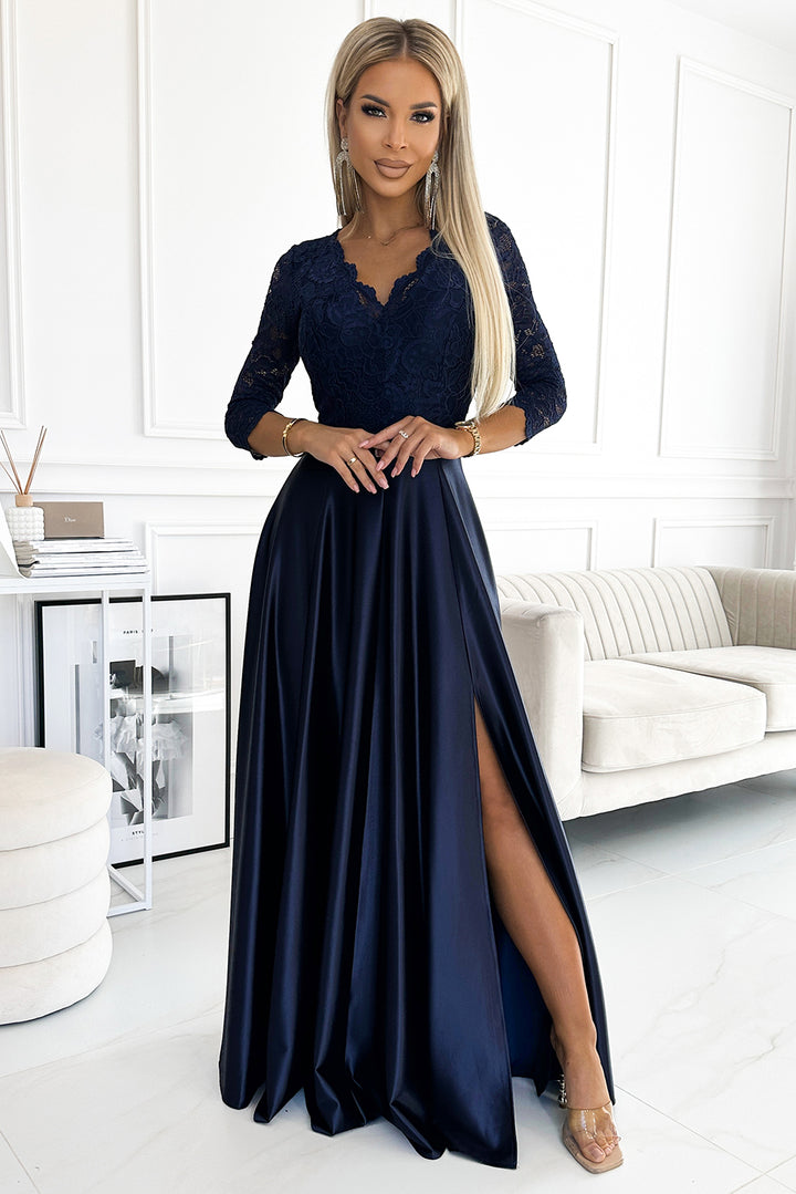 AMBER lace long satin dress with a neckline - dark blue