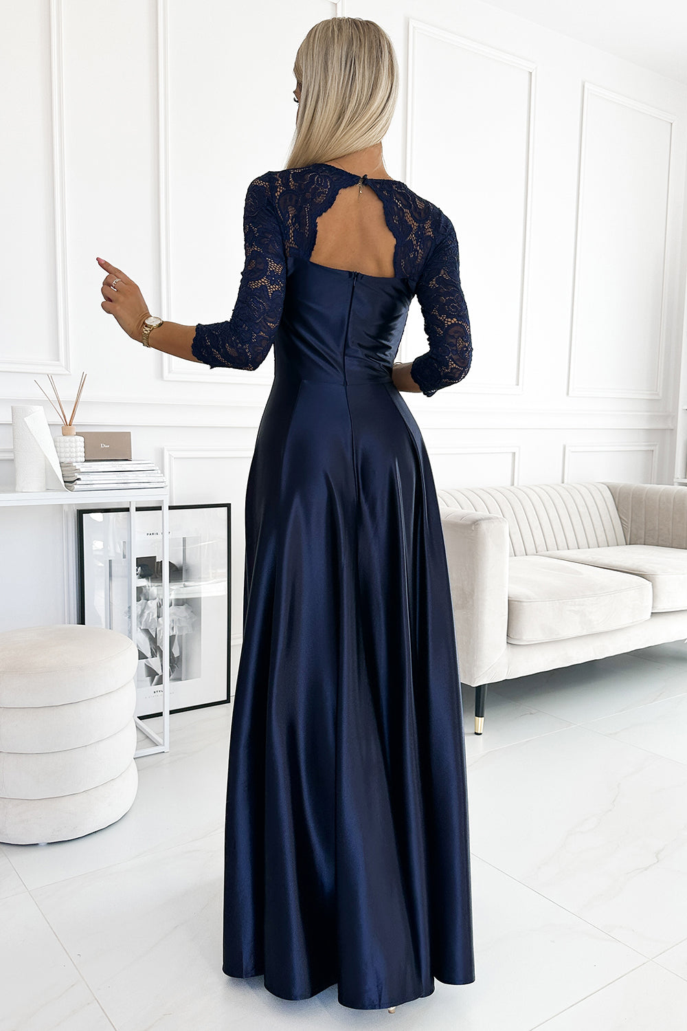 AMBER lace long satin dress with a neckline - dark blue