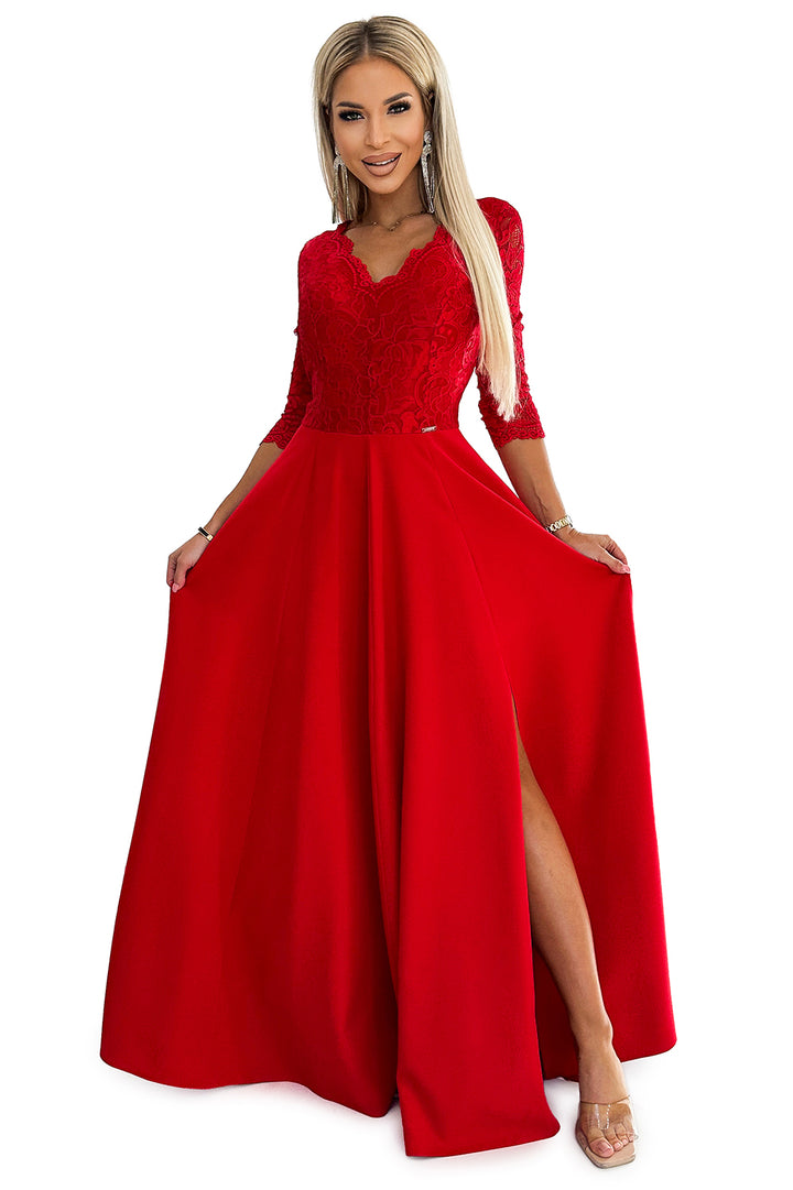 AMBER lace; elegant long dress with a neckline and leg slit - red