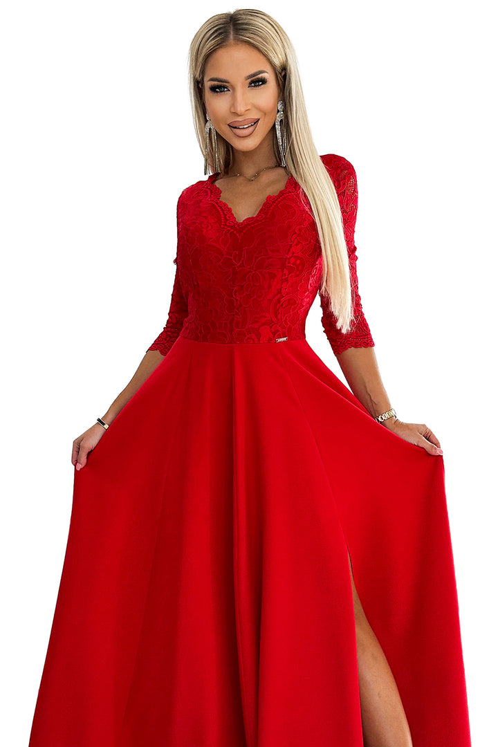 AMBER lace; elegant long dress with a neckline and leg slit - red