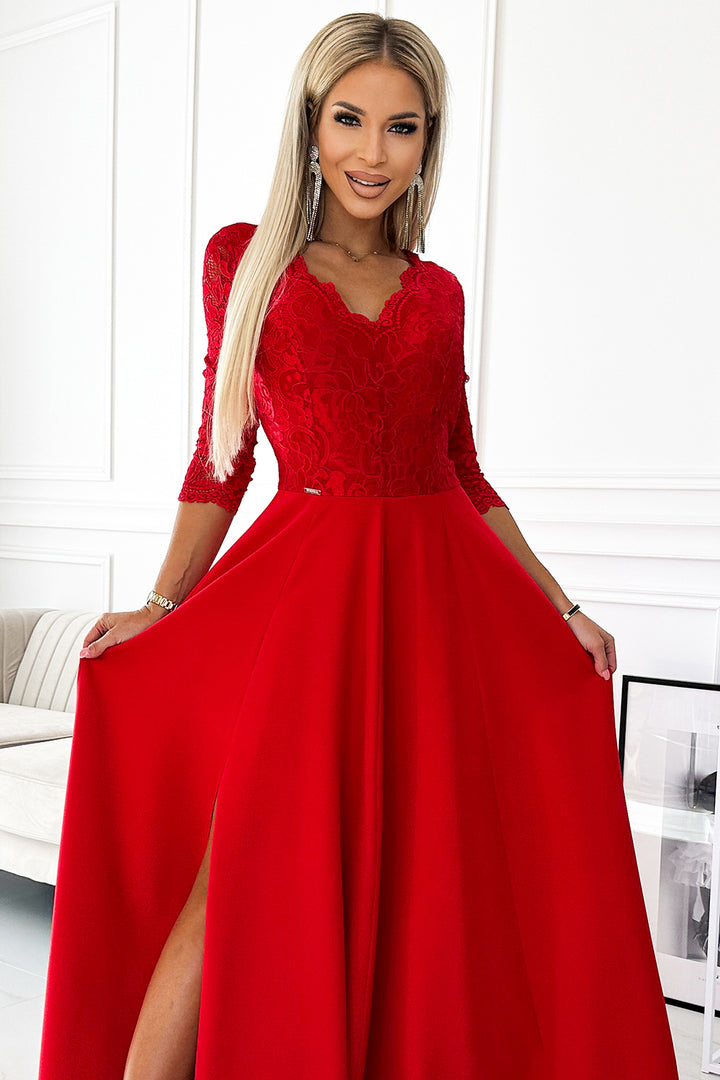 AMBER lace; elegant long dress with a neckline and leg slit - red