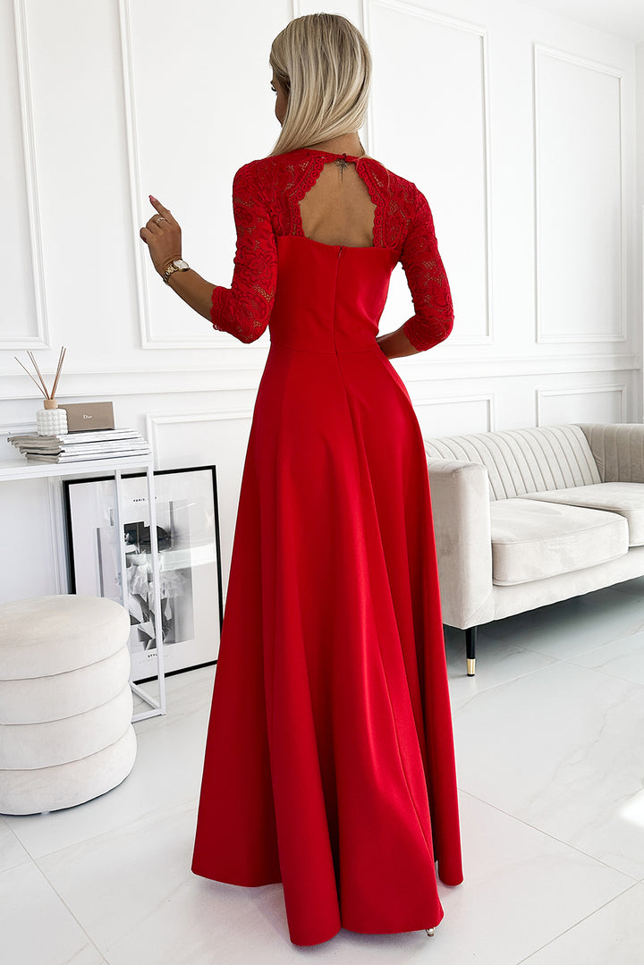 AMBER lace; elegant long dress with a neckline and leg slit - red