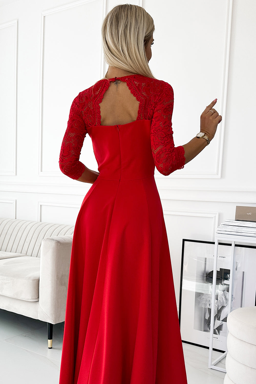 AMBER lace; elegant long dress with a neckline and leg slit - red