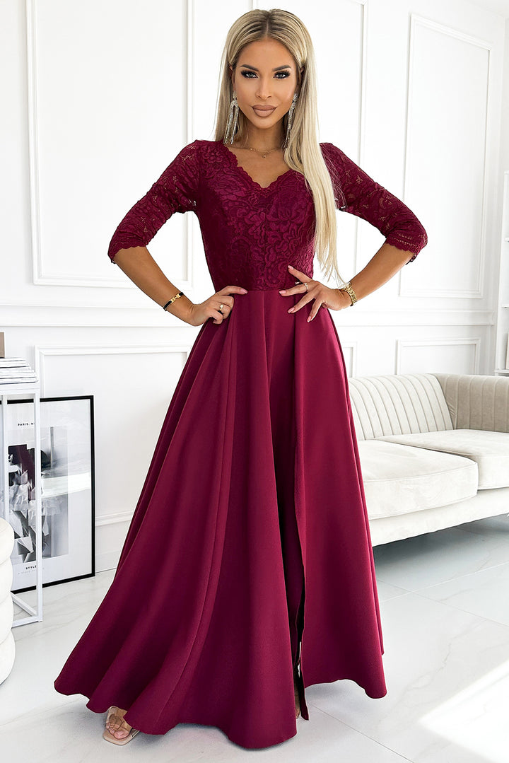 AMBER elegant long maxi dress with lace neckline - burgundy