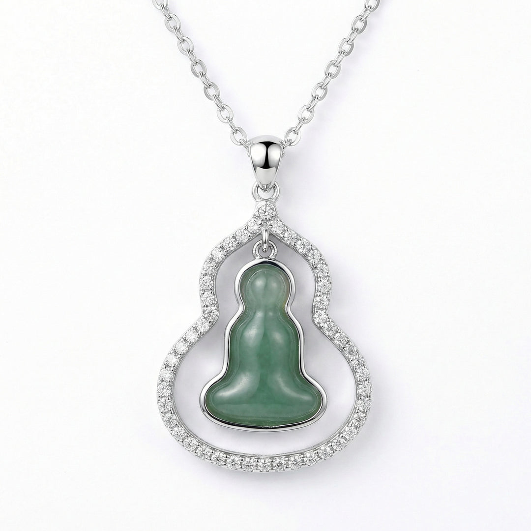 925 Sterling Silver Serene Green Jade Buddha Gourd Pendant Necklace with Crystal-Encrusted Silver Frame