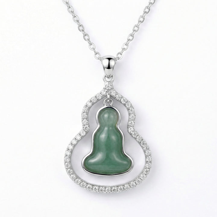 925 Sterling Silver Serene Green Jade Buddha Gourd Pendant Necklace with Crystal-Encrusted Silver Frame