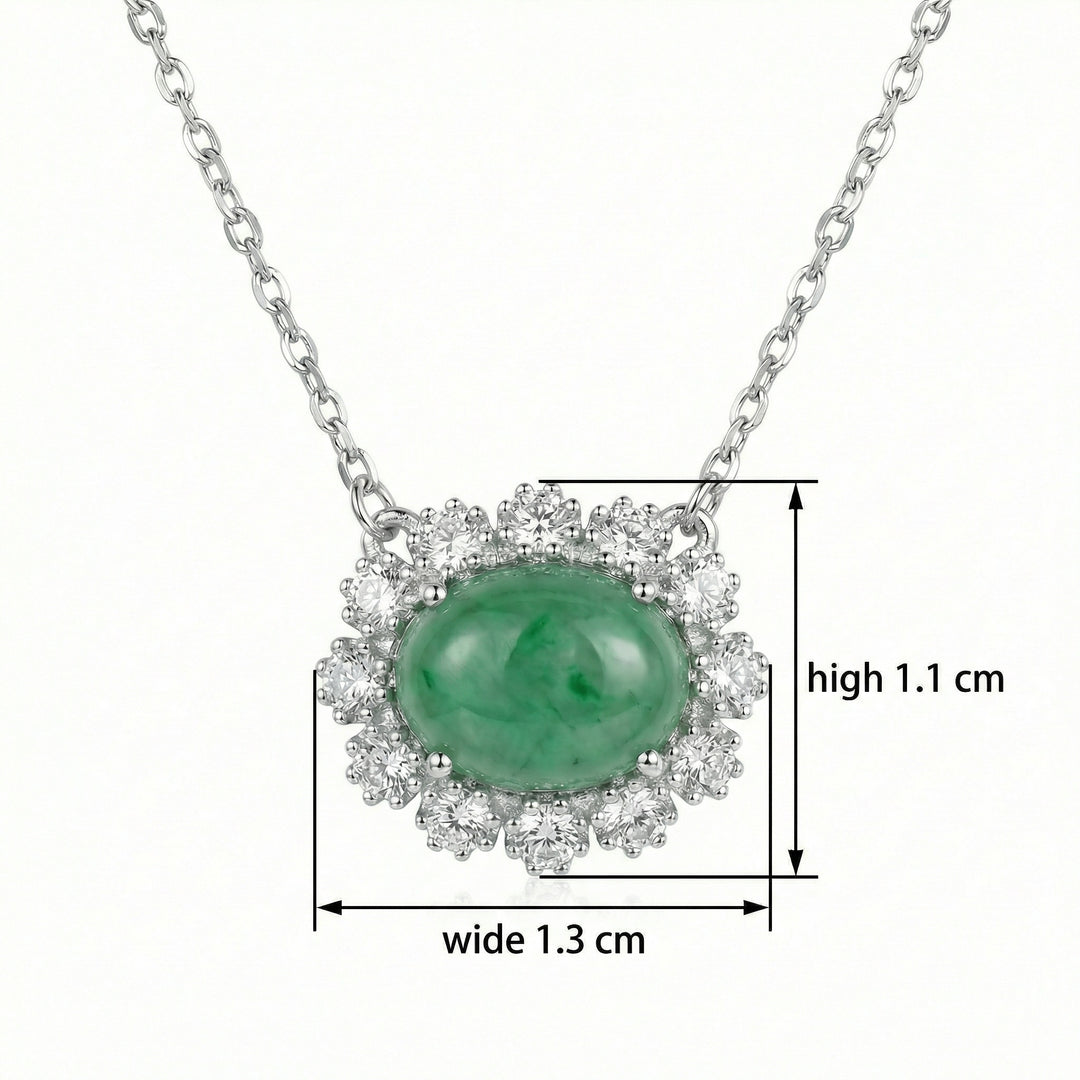 925 Sterling Silver Elegant Necklace with Oval Green Jadeite Cabochon and Sparkling Gemstone Halo