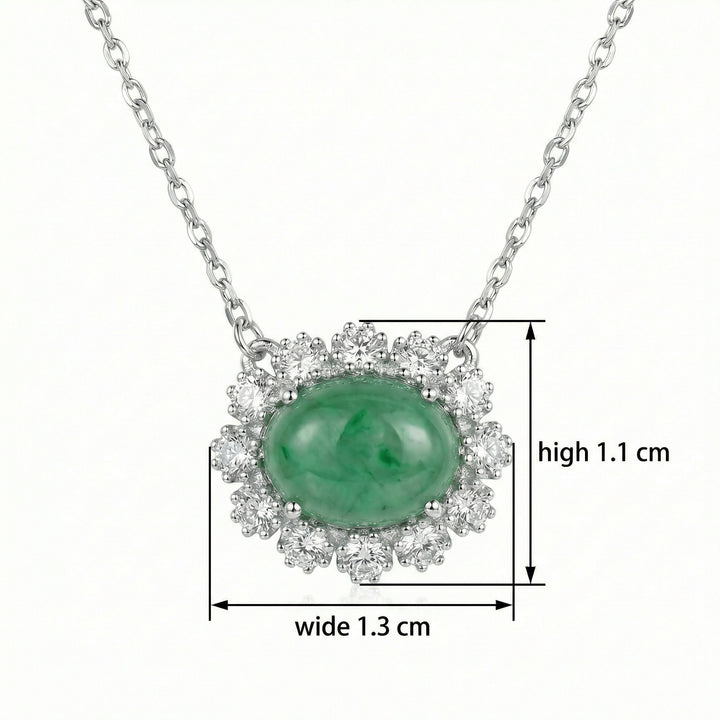 925 Sterling Silver Elegant Necklace with Oval Green Jadeite Cabochon and Sparkling Gemstone Halo