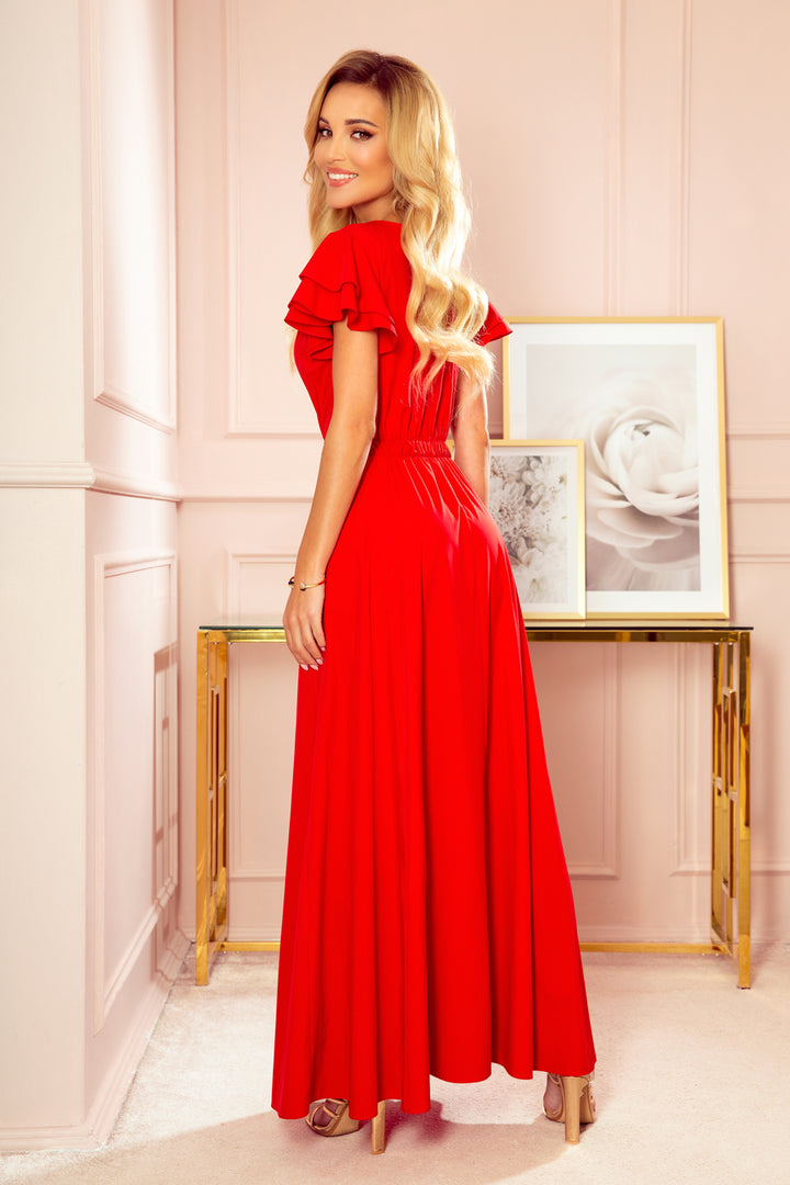 Long dress with neckline and frills - red