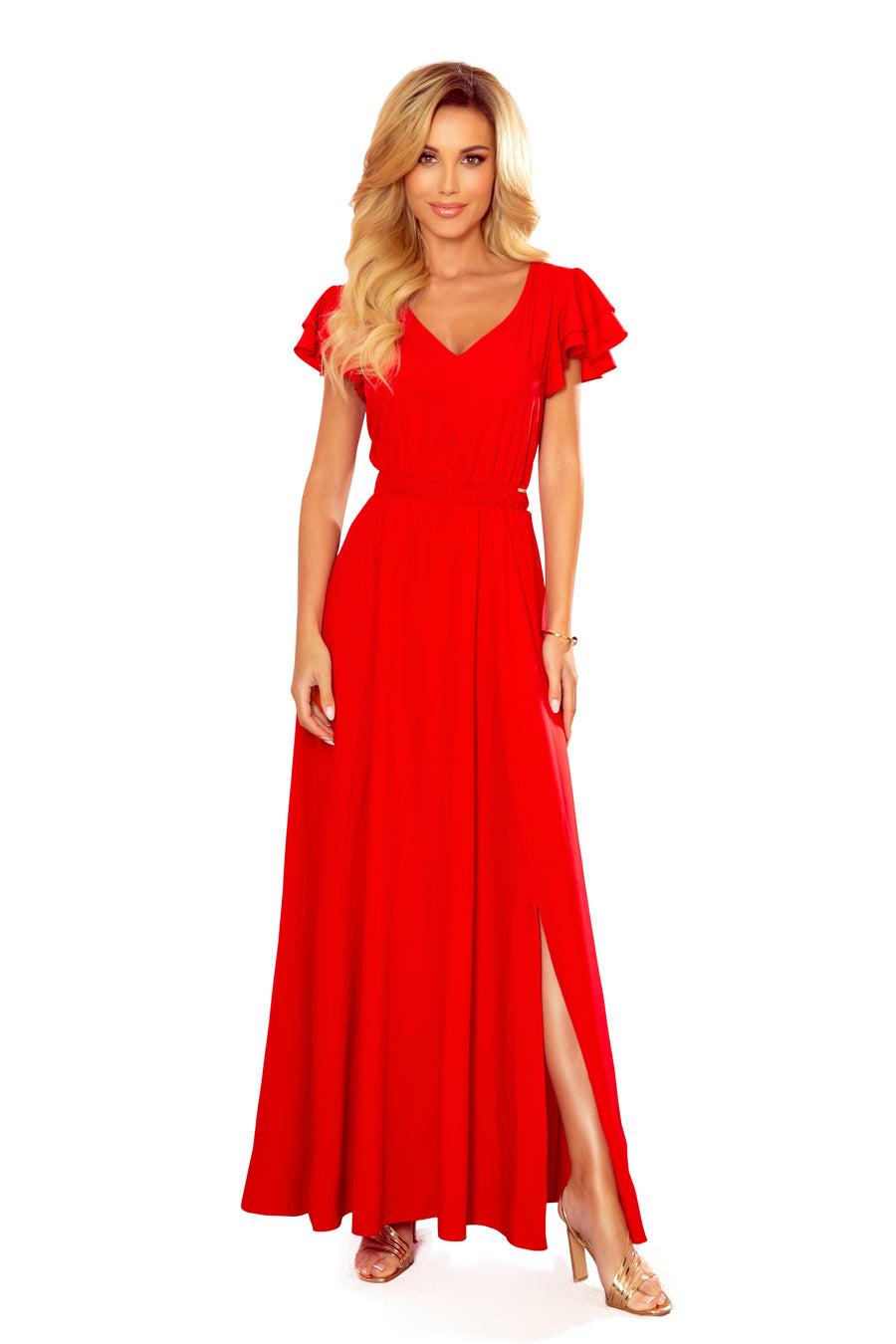 Long dress with neckline and frills - red