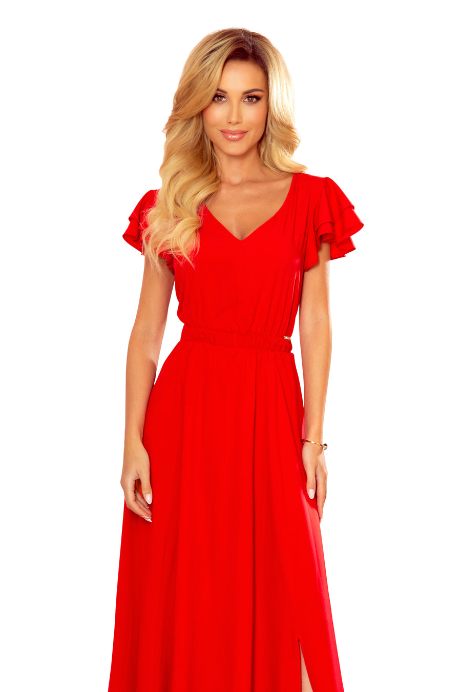 Long dress with neckline and frills - red