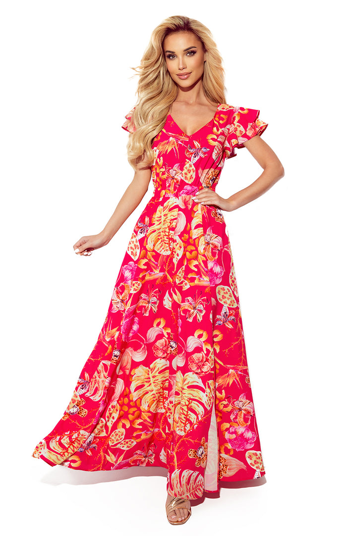 Long dress with neckline and frills - pink with flowers