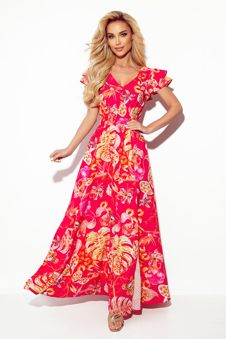 Long dress with neckline and frills - pink with flowers