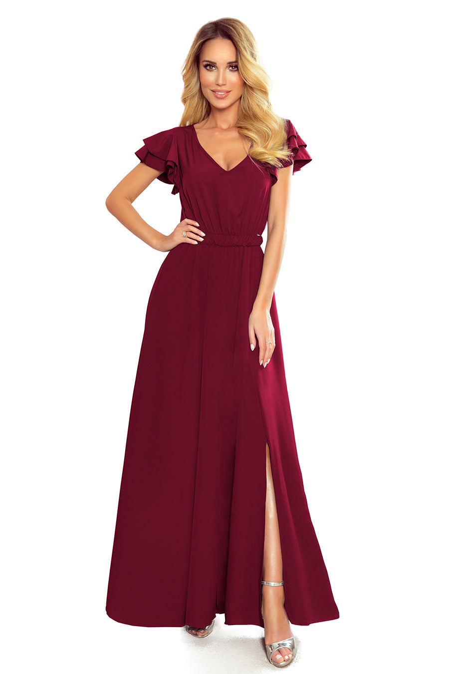 Long dress with a neckline and frills - burgundy color