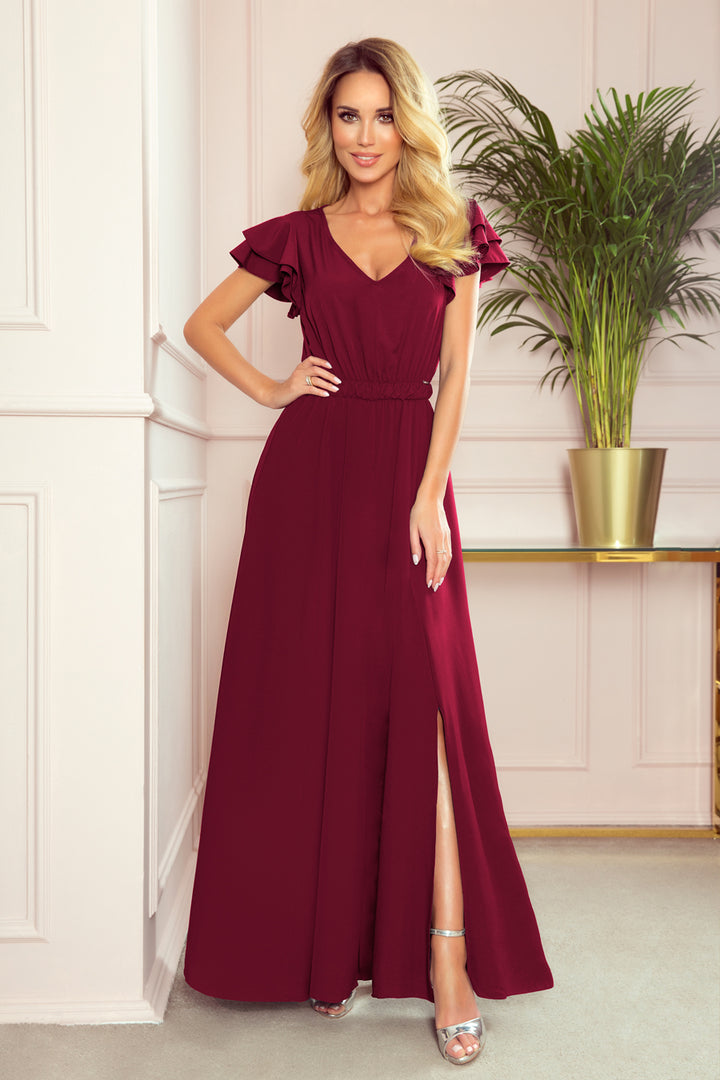 Long dress with a neckline and frills - burgundy color