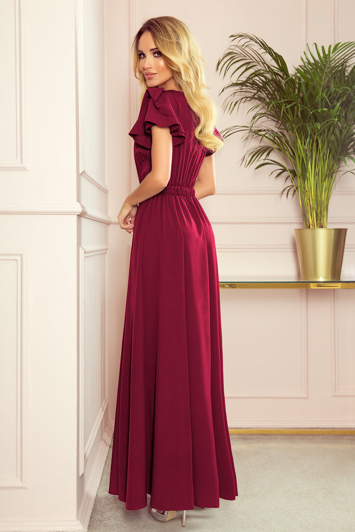 Long dress with a neckline and frills - burgundy color