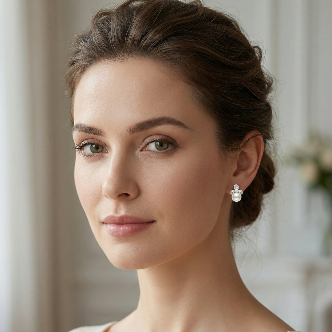 925 Sterling Silver Elegant Floral White Pearl Earrings with Shimmering Diamond-Accented Silver Settings