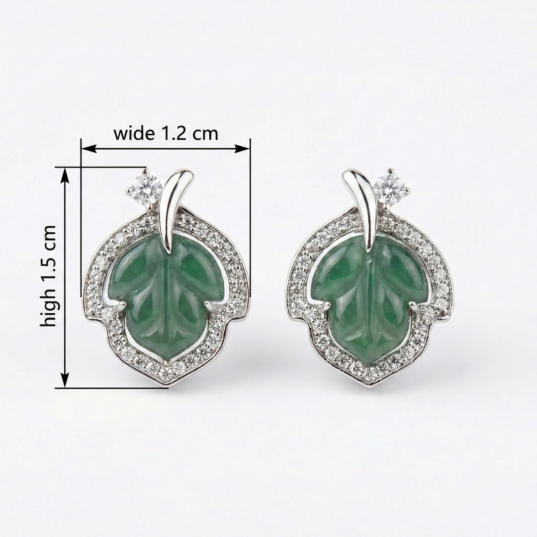 925 Sterling Silver Carved Green Jade Leaf Stud Earrings with Sparkling Halo Accents