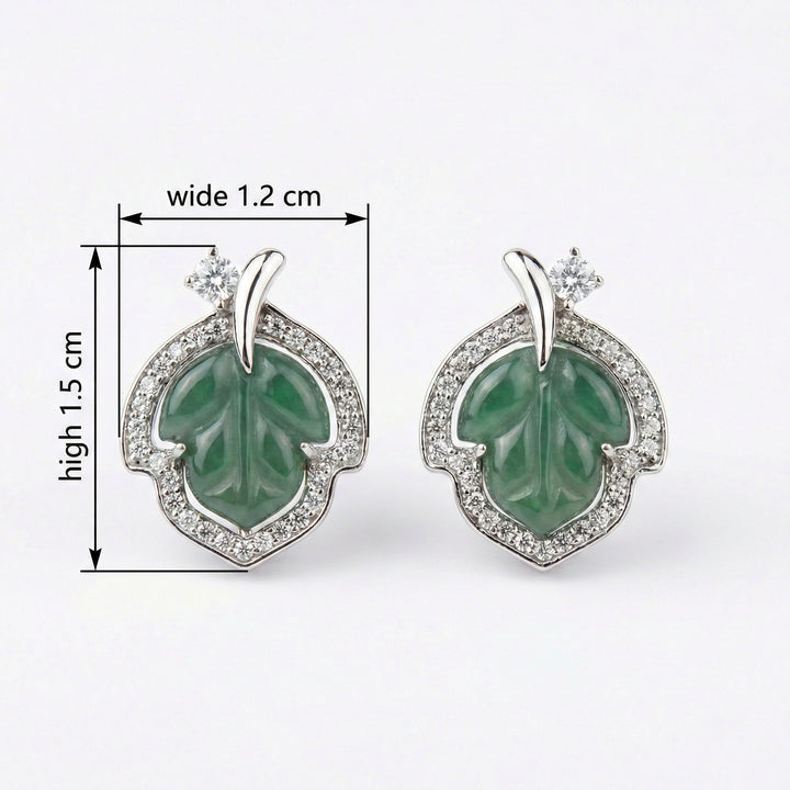 925 Sterling Silver Carved Green Jade Leaf Stud Earrings with Sparkling Halo Accents